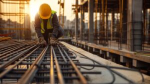A construction worker wearing a yellow hard hat and safety vest is handling steel rebar on a building site during sunset.
