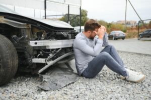 Man after car accident. Man regrets damage caused during car wreck. 