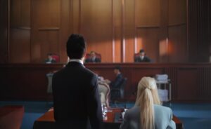 backside of lawyer speaking to attorney judgment in courtroom.