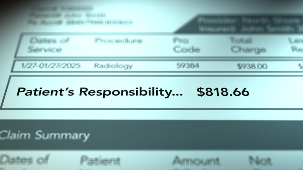 Close-up of a medical bill showing patient financial responsibility after treatment for accident-related injuries.