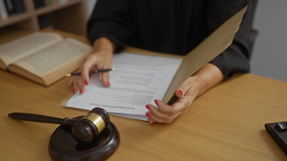Attorney reviewing legal paperwork beside a judge’s gavel, representing personal injury claims and negligence lawsuits.
